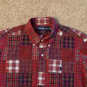 Polo Ralph Lauren Shirt L Button Down Front Patchwork Madras Red White Large